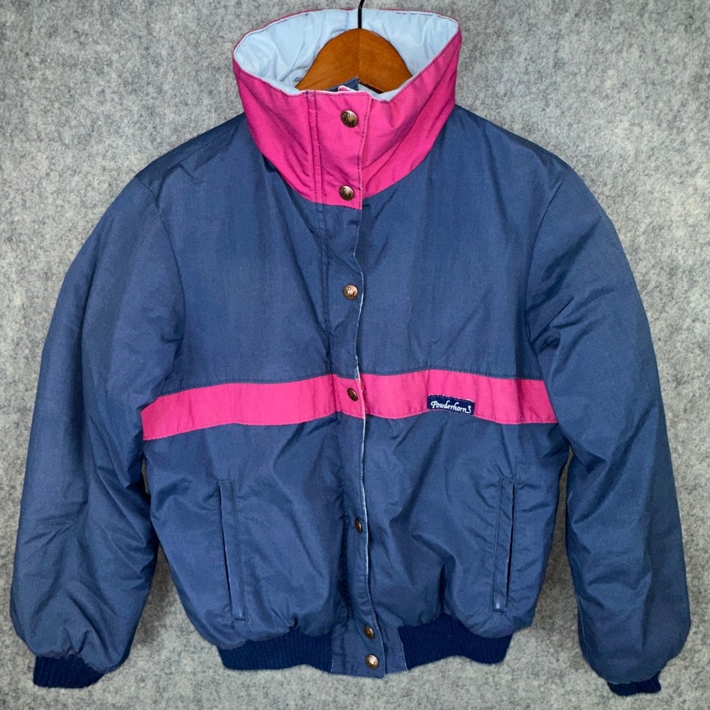 Powderhorn Puffer Jacket Womens 12 Navy Pink Goose Down Filled Vintage 80s USA